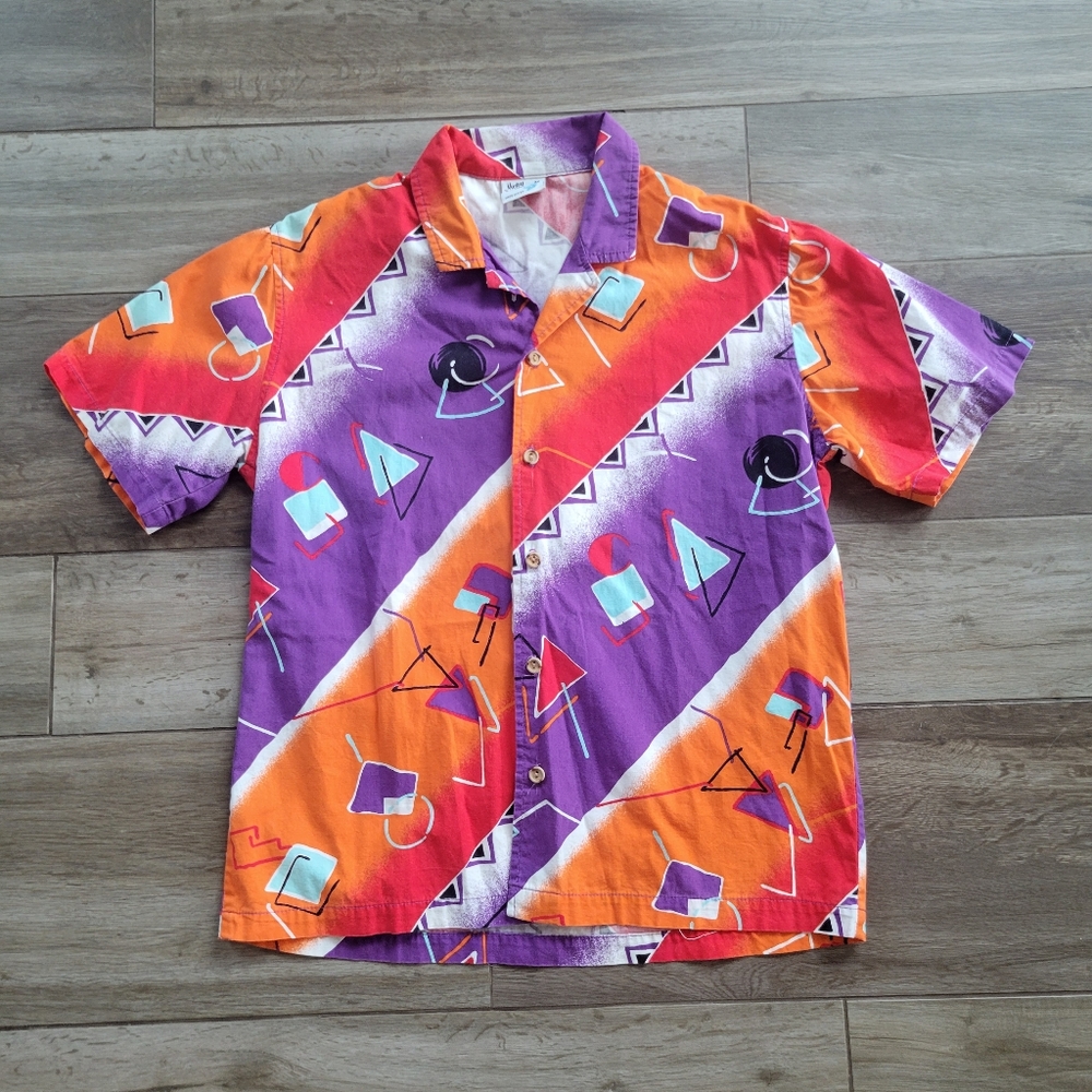 Vintage Morey Boogie Bodywear Hawaiian Button Up Shirt Mens Medium Orange Purple